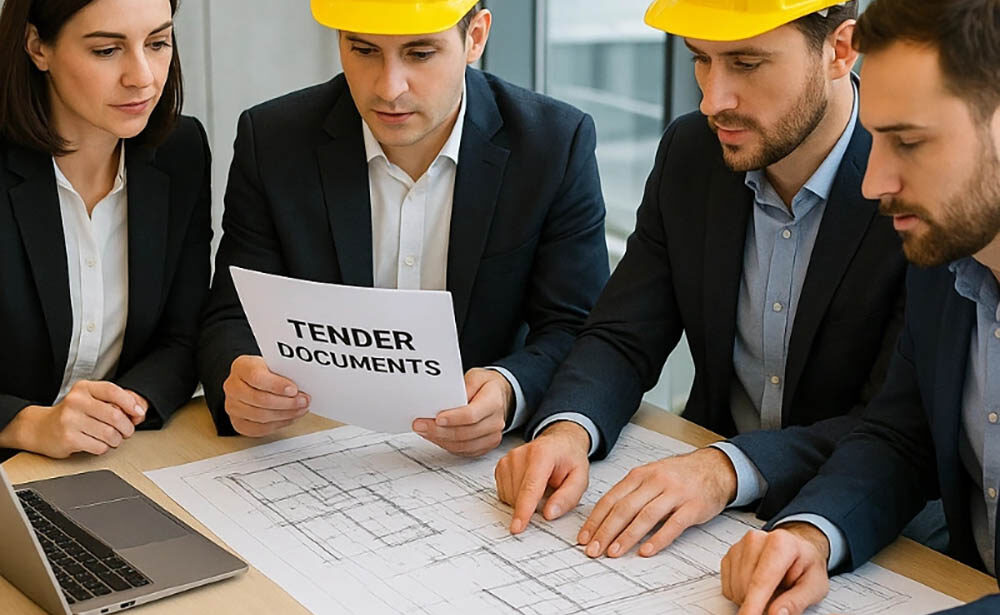 construction tender preparation team reviewing documents