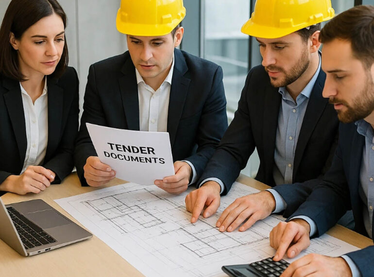 construction tender preparation team reviewing documents