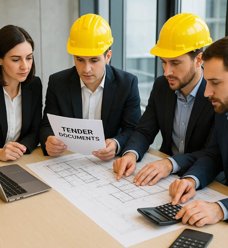construction tender preparation team reviewing documents